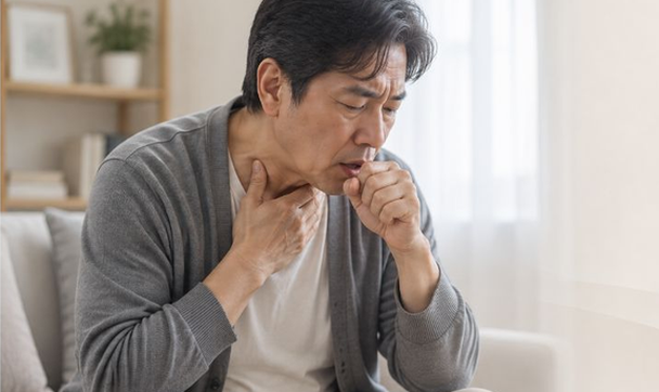 목을 움켜잡고 기침하는 남성